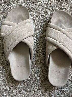 Varley Beige Suede Crossband Slide Mules